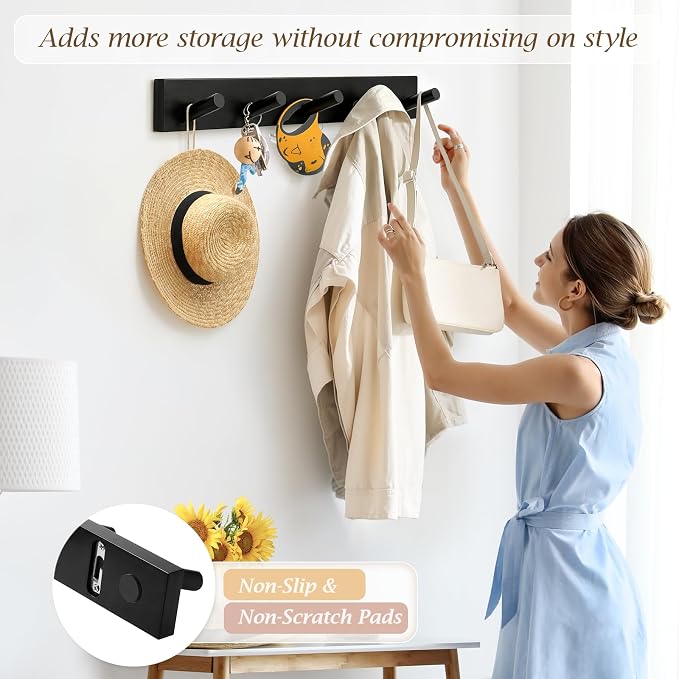 Coat Rack Wall Mount, Wooden Coat Hanger, Black, 1 Pcs | Heavy Duty, 5 Sturdy Rounded Hooks, Bamboo Wood Material, for Entryway, Doorway, Living Room, Kid's room, Living Room, Closet