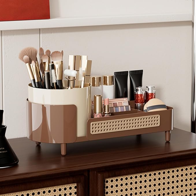 Booklov Rotating Makeup Organizer for Vanity Countertop, Coffee | Plastic Cosmetic Display Case, Large Beauty Brush Holder for Bathroom Counter, Skin Care Perfumes Storage