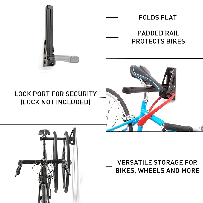 Feedback Sports Velo Wall Post Bike Storage Mount + Bike Wheel Storage | Fold-away post saves wall space while holding bikes or wheels; rubber-coated arms protect frame finishes
