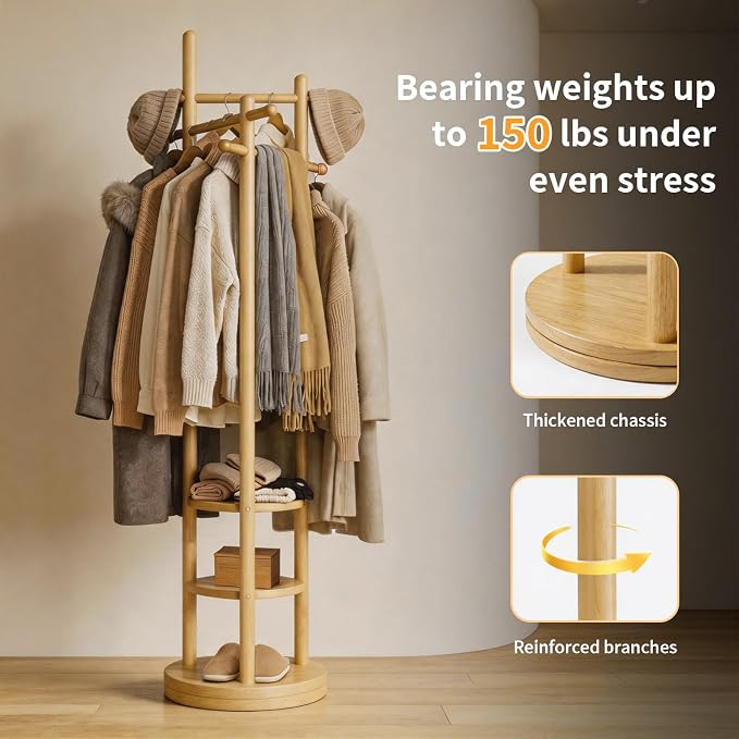 Coat Rack Freestanding, Solid Wood Coat Tree with 6 Hooks and 3 Storage Shelves for Bedroom, Entryway Living Room, Office, Corner Hanger Stand for Purse, Bag, Jacket, Hat