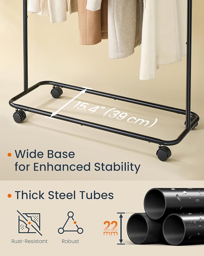 SONGMICS HOME Clothes Rack, Clothing Rack on Wheels, Portable Garment Rack, with 1 Clothes Hanging Rail, Matchstick-Shaped Hooks, Ink Black UHSR170B01