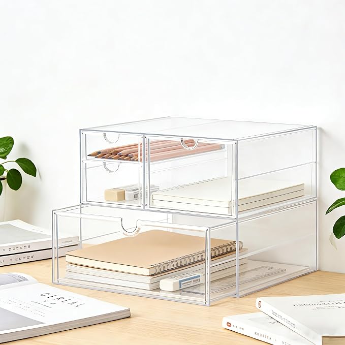 Prsildan Acrylic Drawer Makeup Organizer with 4 Drawers, Set of 2 | Clear, Baby Bottle Storage, For Vanity Countertop Bathroom Cosmetic Office Desk, Craft Jewelry Art Supply Organization
