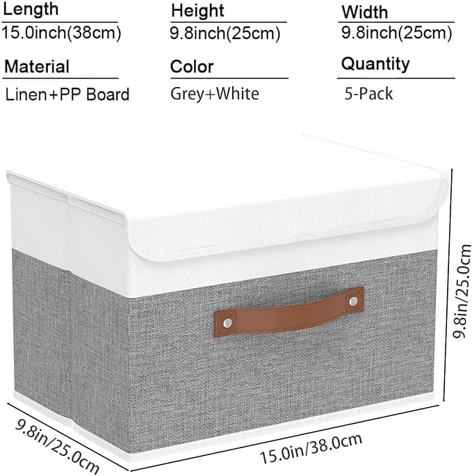 Yawinhe Fabric Storage Boxes with Lids,White/Grey,15.0x9.8x9.8in,5-Pack | Container with Leather Handle,Washable Storage Basket, Clothes Blanket Bin,Collapsible Closet Organizer for Bedroom