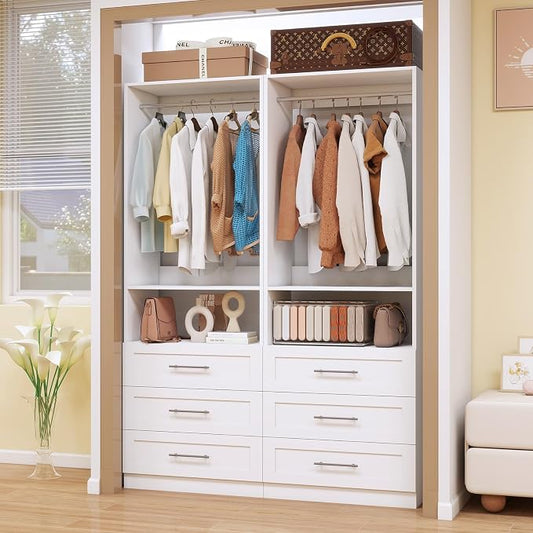 Dilando Closet System with 6 Drawers 4FT-10FT Closet Organizer System Walk-in Closet Freestanding Modular Custom Corner Closets Storage with 4 Hanging Rods & 2 Shelf White (4FT)