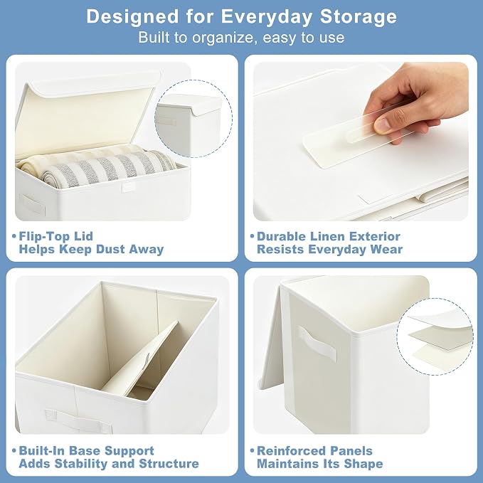 Bagnizer Large 17" 42 Quarts Collapsible Stackable Storage Bins with Lids [3-Pack] Foldable Fabric Linen Storage Boxes Cube, Closet Organizer Baskets with Label (16.7 x 12 x 12, White)