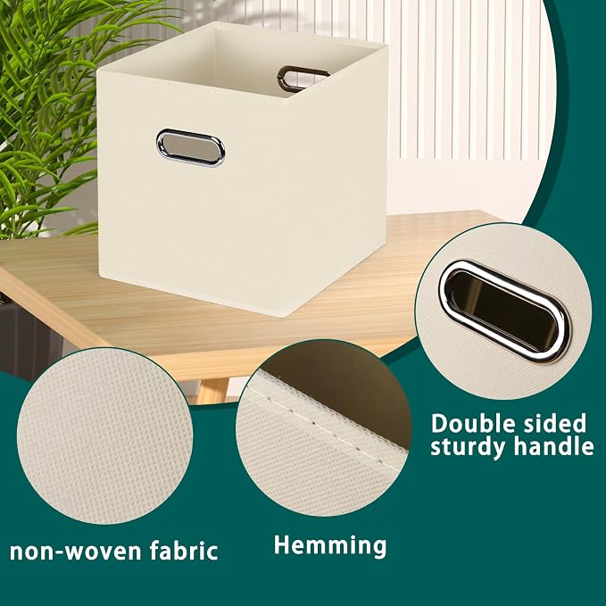Black Foldable Storage Cubes Bins, Fabric Storage Box Cubes Organizer Baskets with Dual Handles for Home Organizer,Set of 6,(Creamy-White)