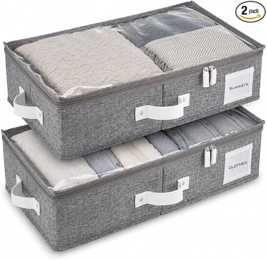 2pc Under Bed Storage Containers, Bedroom Under the Bed Drawer Storage Organizer with Bins and Lids, Medium Underbed Clothes Storage Box Ideal for Blanket, Fabric, & Shoes (LightGray)