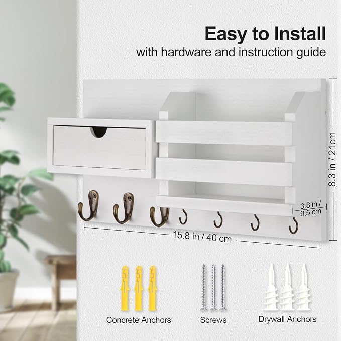 Lwenki Wall Mount Key Holder with Mail Organizer, 100% Paulownia Wood, 7 Metal Hooks, Storage Drawer, Entryway Home Decor (White)