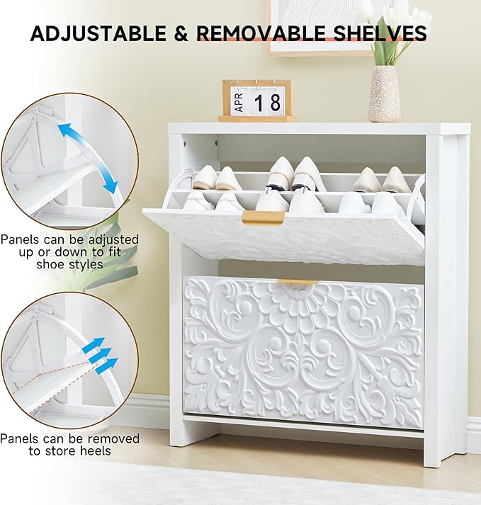 weselon Flip Drawer Shoe Cabinet Set of 2, Narrow Shoe Storage Cabinet, 2-Tier Hidden Shoe Organizer with Carved Floral for Entryway, Slim Shoes Storage for Hallway Foyer (2, White)