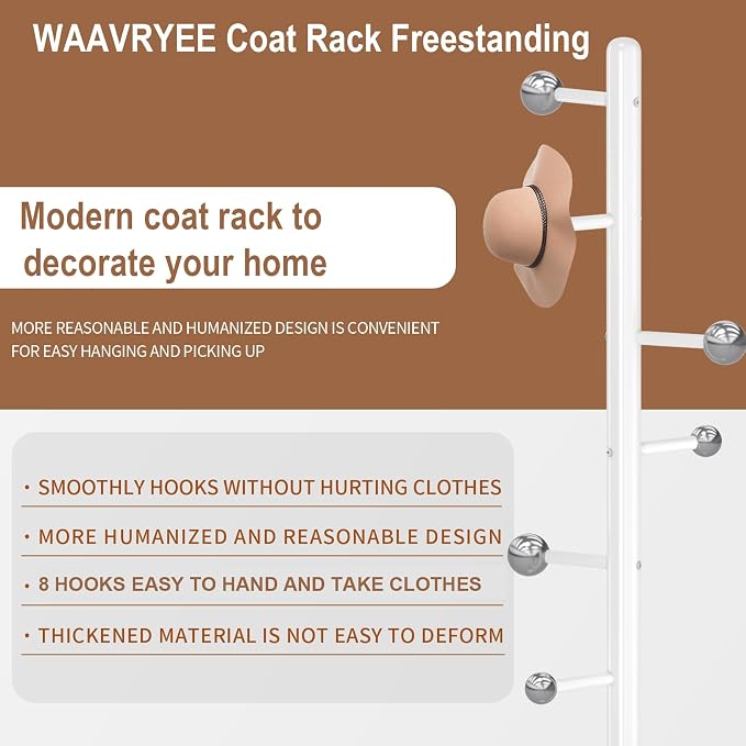 Coat Rack Stand, White Metal Coat Rack Freestanding with 8 Hooks | Coat Rack with Natural Marble Base,Modern Coat Hanger Stand, 3 Adjustable Coat Clothes Tree Stand for Office