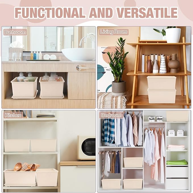 6 Pcs Storage Bins with Lids Small Plastic Storage Containers Stackable Storing Baskets Box Cute Organizer Bins for Organizing Shelves (Beige)