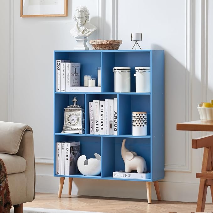 LEYAOYAO Cube Bookshelf, Mid-Century Modern Book Shelf with Legs, Blue | 3 Tier Bookcase, Rustic Wood Bookshelves Freestanding Small Storage Organizer, Open Shelves for Bedroom, Living Room, Office