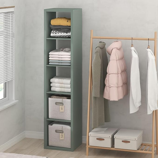 Furinno Cubic Extra Thick 5-Cube Closet Organizers and Storage, Sage Green | 14.6 x 16 x 72 in, Open Shelf Closet Storage, Closet Organizer, for Wardrobe, Bedroom, Living Room