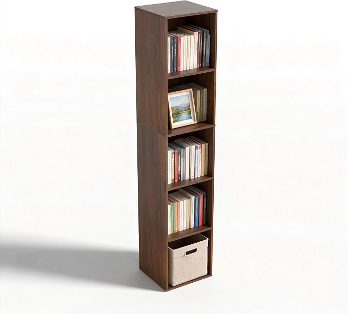 5 Cube Storage Organizer, Narrow Open Shelf Bookcase, Freestanding 5 Tier Low Display Bookshelf for Home Office, Living Room, Bedroom, Dark Brown & Black Walnut