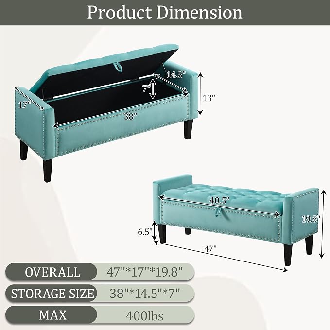 47in Velvet Storage Ottoman Bench with Arms, Upholstered Storage Bench with Wooden Legs, Storage Bench for Bedroom, Living Room, Entryway, Teal