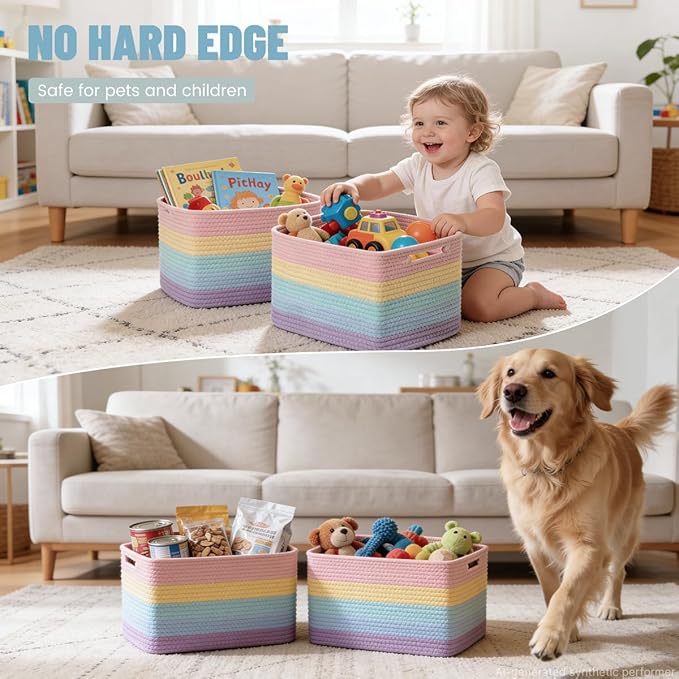 5 Pack Rainbow Woven Storage Baskets for Shelves, Decorative Toy Baskets Organizer for Kids Room, Nursery, Playroom, Classroom – Colorful Cotton Rope Toy Storage Bins for Organizing & Decor