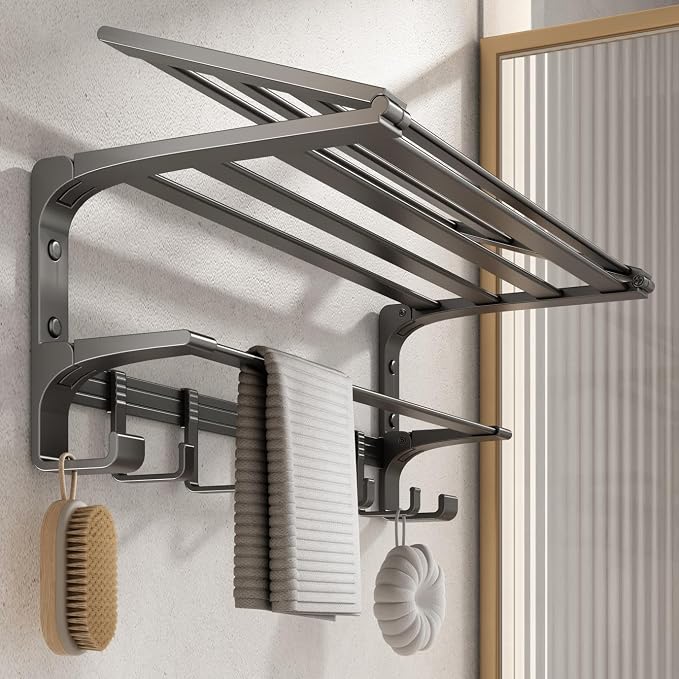 VOLPONE 24 Inch Towel Rack with Towel Bar Holder Foldable Large Towel Shelf with Movable Hooks Rustproof Widened Towel Storage Rack Wall Mount for Bathroom Lavatory Matte Grey