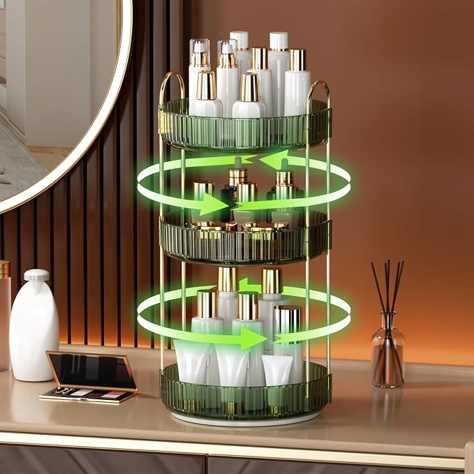 YCIA&DONE 360 Rotating Makeup Organizer and Storage for Vanity Countertop 3 Tiers, High Capacity Cosmetic Skincare Perfume Organizers for Dresser Bathroom Lazy Susan (Vintage Green)
