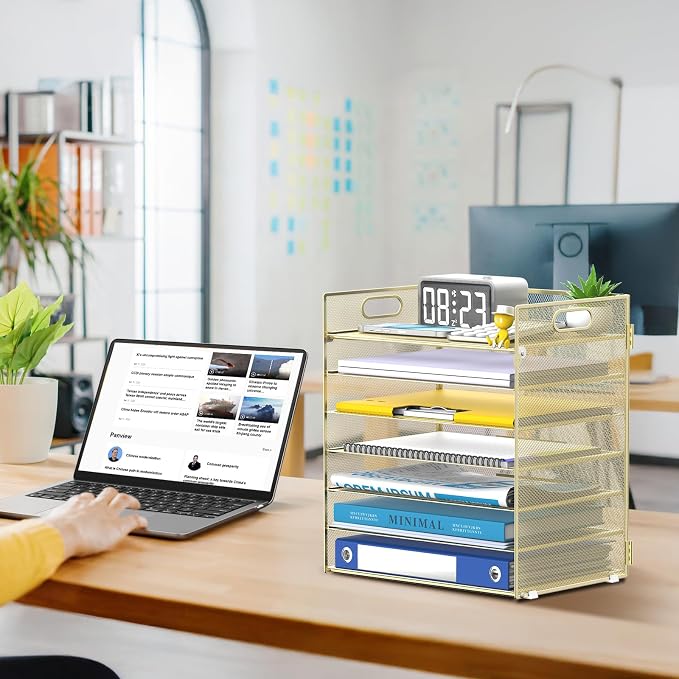 7 Tier Paper Organizer for Desk with Mesh Letter Trays and Handle Gold | Desk File Organizer with Handle for Sorting Papers, Files, Folders, Mail, Bills and Office Supplies