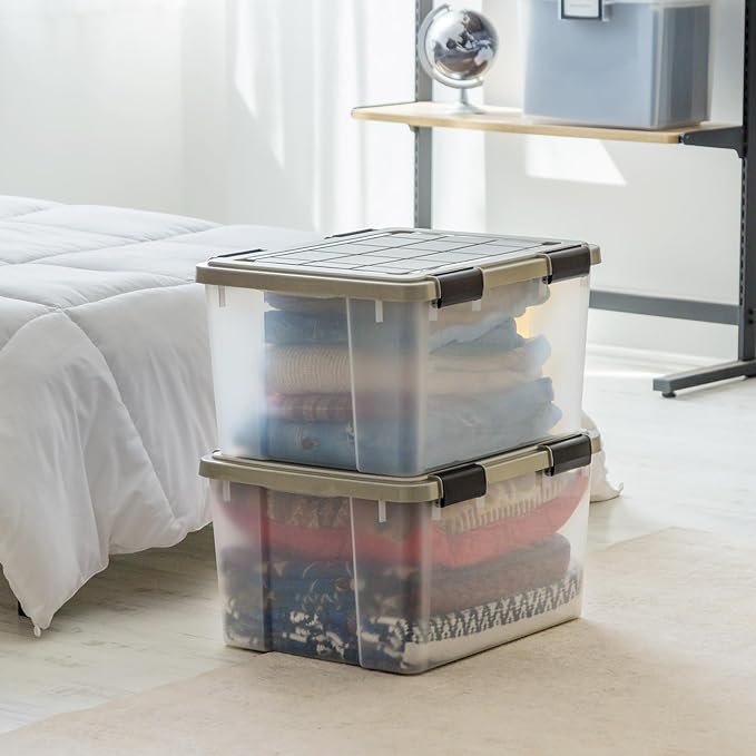 IRIS USA 2-Pack 44 Qt Storage Bins with Gasket Lids, Clear/Chrome | WeatherPro seal helps protect bulky items for moving, garage, attic and basement storage