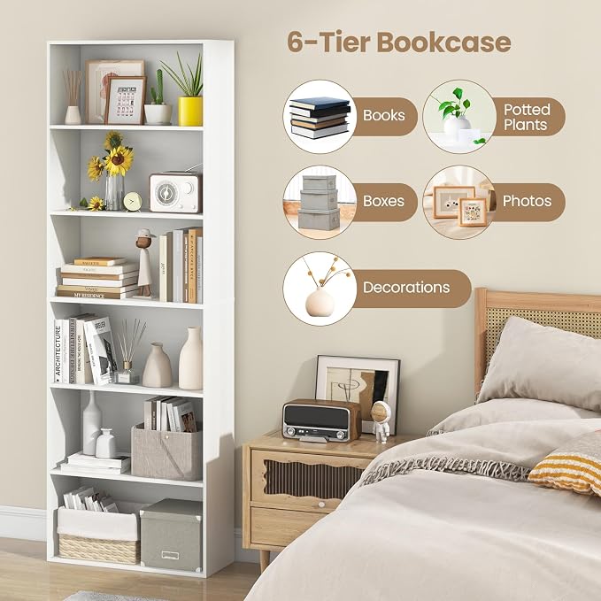 Giantex 6-Tier Bookcases Set of 2, 70" Tall Wooden Bookshelf, Freestanding Storage Organizer w/Open Shelves, Anti-Tipping Kits, Modern Floor Standing Display Shelves for Living Room, Bedroom, White