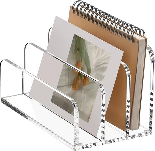SANRUI Clear Acrylic Mail File Organizer Sorters for Desk, 3 slot Laddered | Desktop Vertical Letter Holder, Multifunction Envelope Folder Racks Holders for Office,Home, School
