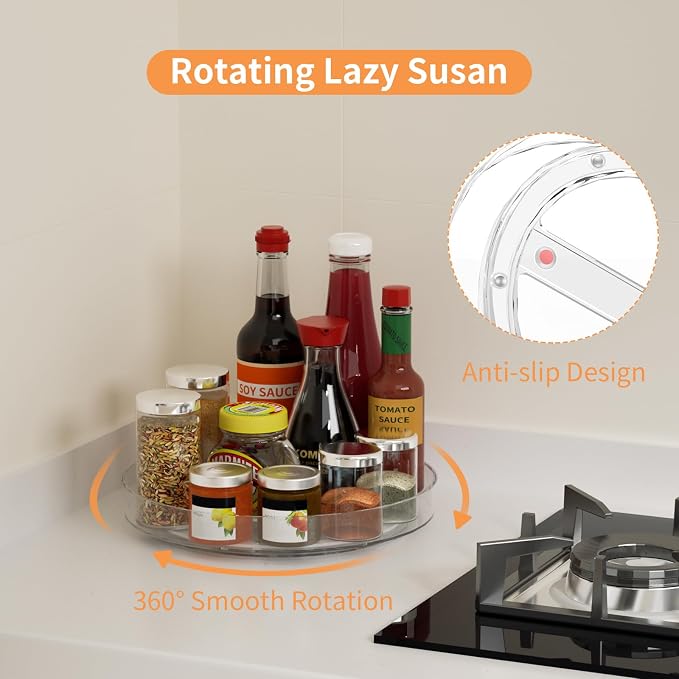 2 Pack Lazy Susan Turntable Organizer, 9 and 10 Inch Rotating Trays for Corner Cabinet, Fridge, Pantry, Kitchen, Table Top, Makeup Vanity, Bathroom Countertop Storage, Acrylic Spinning Spice Rack