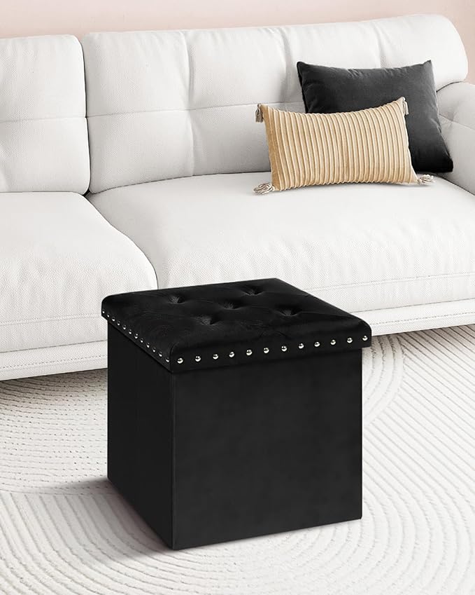 B FSOBEIIALEO Storage-Ottoman Cube-Folding Tufted - Ottomans with Storage, Coffee Table Top Cover, Storage Boxes Footrest Stool for Bedroom, Luxury Velvet Fabric 15.7 Inches Black