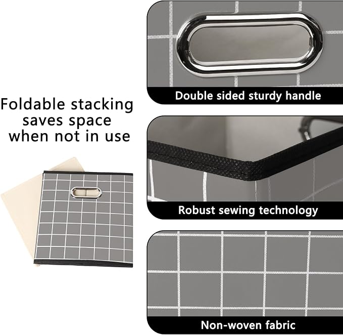 Yunkeeeper storage bins Cubes, Fabric Cube Organizer with Handle, Foldable Cube Bins for Cloth or Accessary Storage, 11x11x11, Set of 6, (Grey grid)