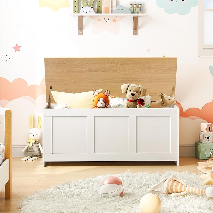 HOOBRO Storage Bench, 39.3" Retro Wooden Storage Chest, Wooden Storage Trunk, Toy Chest with Lift Top, Multifunctional Entryway Organizer, for Entryway, Living Room, White and Natural WN141CW01G1
