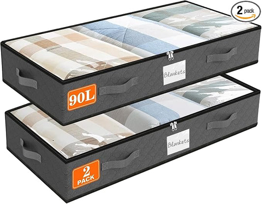 90L Under Bed Storage Containers, Storage Bags, Organizers, 2-Pack, Gray | Foldable, Soft Fabric, Closet Organizers, Reinforced Handle, Label Holder, Clear Window, for Comforters, Clothing, Blankets