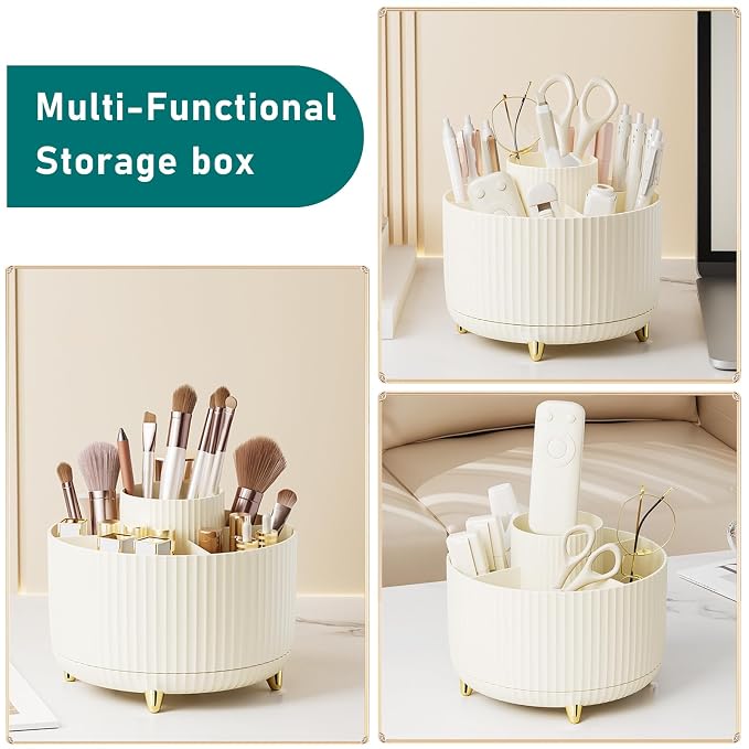 Diesisa Makeup Brush Holder Organizer,360° Rotating Makeup Brush Organizer,5 Slot Make up Brushes Cup for Cosmetics, Nail Polish, Art Supply, Bathroom Vanity Desktop Organizer - Cream