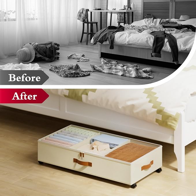 Yecaye Under Bed Storage with Wheels, 4 Pack Under Bed Storage Containers with Adjustable Dividers & Clear Window, Rolling Underbed Organizer Bins Drawers for Clothes, Shoes, Blankets, Beige