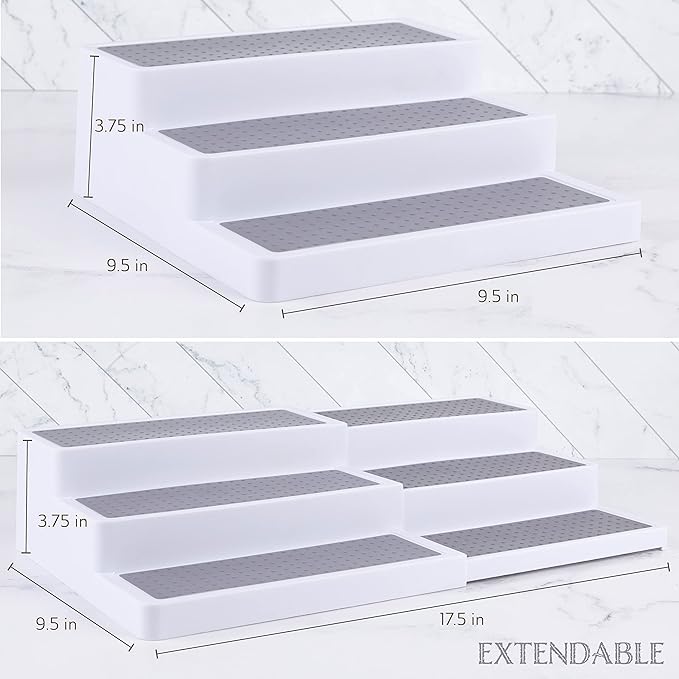 Oizeir 3-Tier Expandable Spice Rack Organizer for Cabinet, White/Grey | Expandable Plastic Spice Rack Organizer, Adjustable Length 3 Tiers, Non-Skid Shelf, Cabinet Pantry Countertop, White/Grey