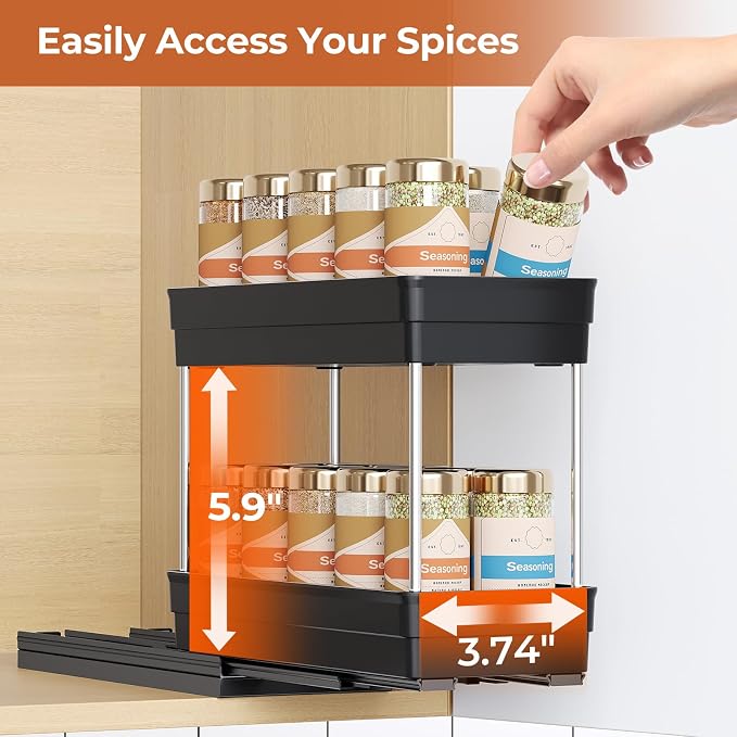 Pull Out Spice Rack Organizer for Cabinet, 3 Pack 2 Tier Sliding Spice Rack | Dual Rail, Slide Out Seasoning Organizer for Kitchen Cabinets, No Drill Installation, Space Saving Cabinet Storage Organizer
