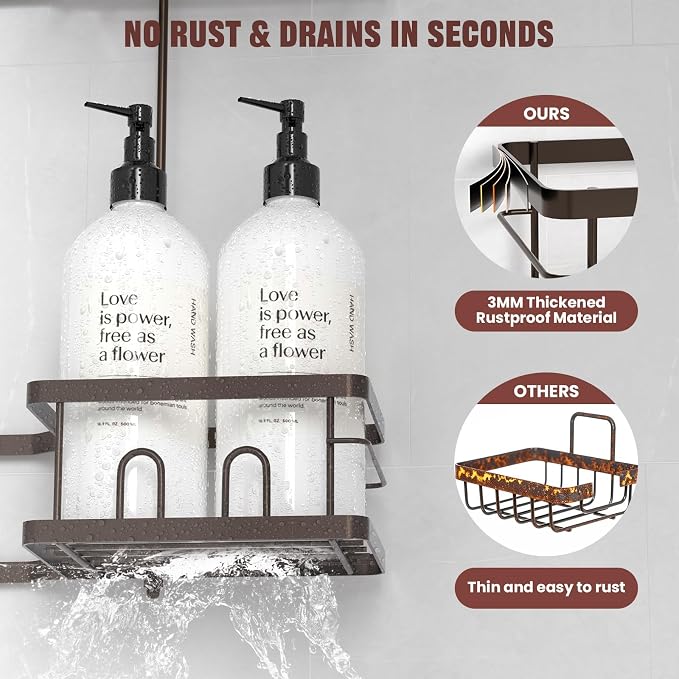 REINHARDT Adjustable Shower Caddy Hanging for Handheld Showerheads, Bronze | Patented Shower Organizer, Rustproof, 40lbs Capacity, Anti-Swing, Tool-Free, Suction Cups, 8 Hooks, Soap & Toothbrush Holder