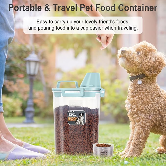 Dog Cat Food Storage Container with Cup (Dry Blue, 2.5L) | Pet Food Pourable Container Airtight with Large Spout, BPA-Free Plastic Food Dispenser for Pet Food, Bird Seed, Rice, Flour