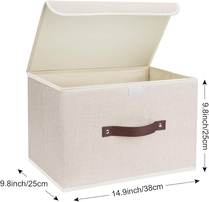 TYEERS Collapsible Storage Boxes, Washable Fabric Storage Bins with Lids, 14.9x9.8x9.8 inches, 3 Pack, Beige