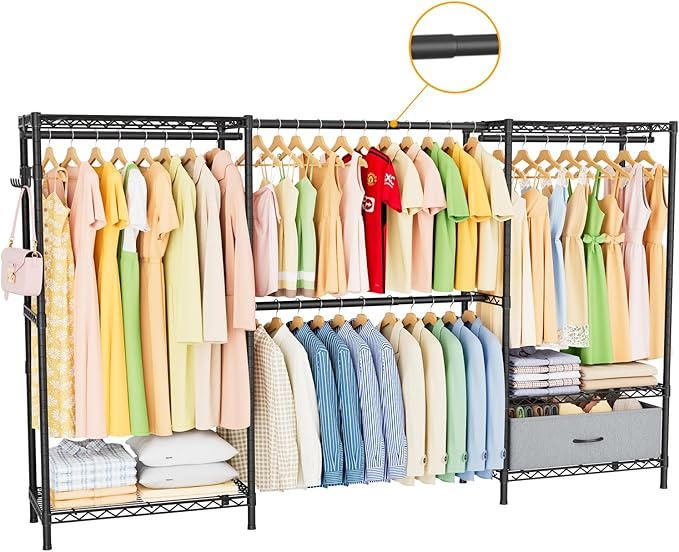 Golpart Heavy Duty Clothing Rack with Adjustable Shelves Clothes Wardrobe | Coat Rack Metal Closet Organizer and Storage Garment Rack for Hanging Clothes Wire Portable Cloth System Free Standing Black