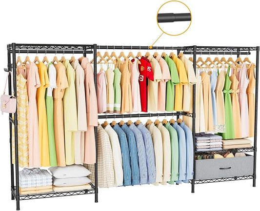 Golpart Heavy Duty Clothing Rack with Adjustable Shelves Clothes Wardrobe | Coat Rack Metal Closet Organizer and Storage Garment Rack for Hanging Clothes Wire Portable Cloth System Free Standing Black