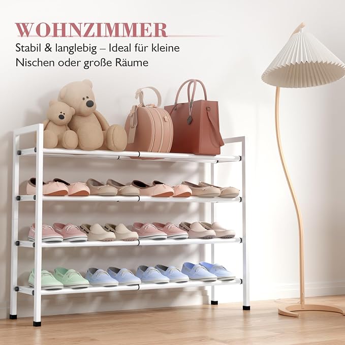 Bumusty 4 Tier Expandable Shoe Rack for Closet, White | 18"-33" Adjustable Shoe Rack for Entryway, Small Shoe Organizer for Dorm, Front Door, Sturdy Metal