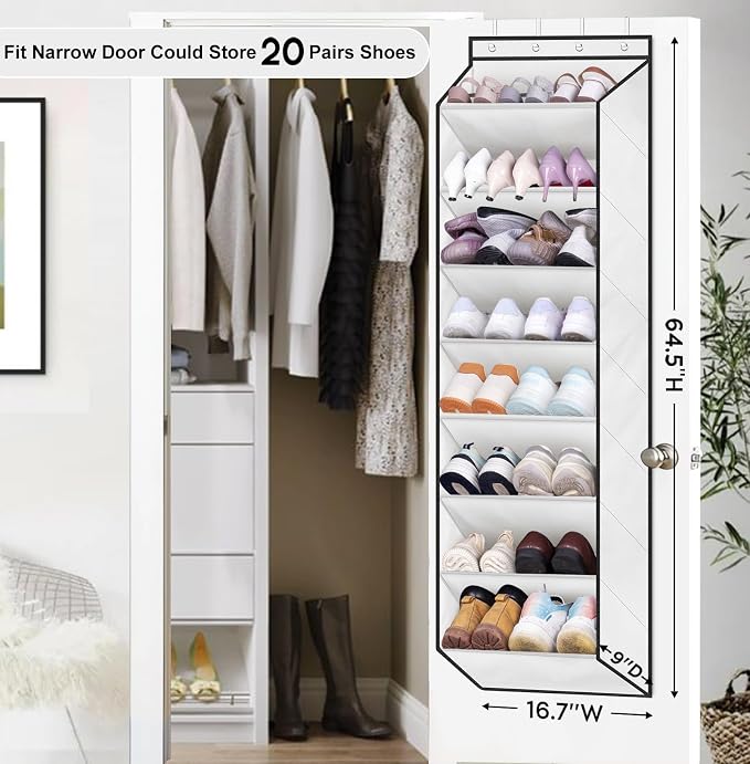 SLEEPING LAMB Over The Door Shoe Organizer for Closet with Large Deep Pockets, Narrow Shoe Rack for Door Hanging Boots Storage, White