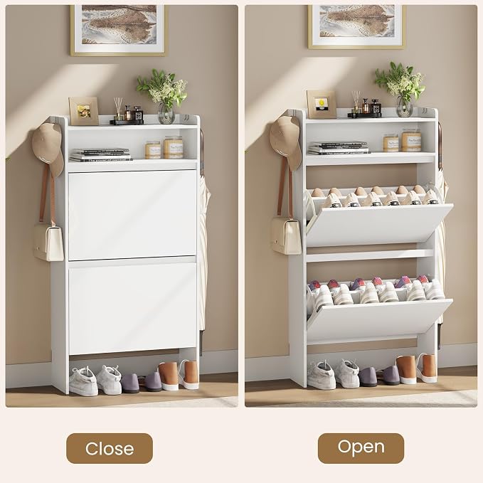 Slim Shoe Cabinet with 2 Flip Drawers & Open Storage, 23.6" W White | Freestanding shoe storage cabinet for entryway,foyer and hallway,Narrow design and space-saving flip drawers