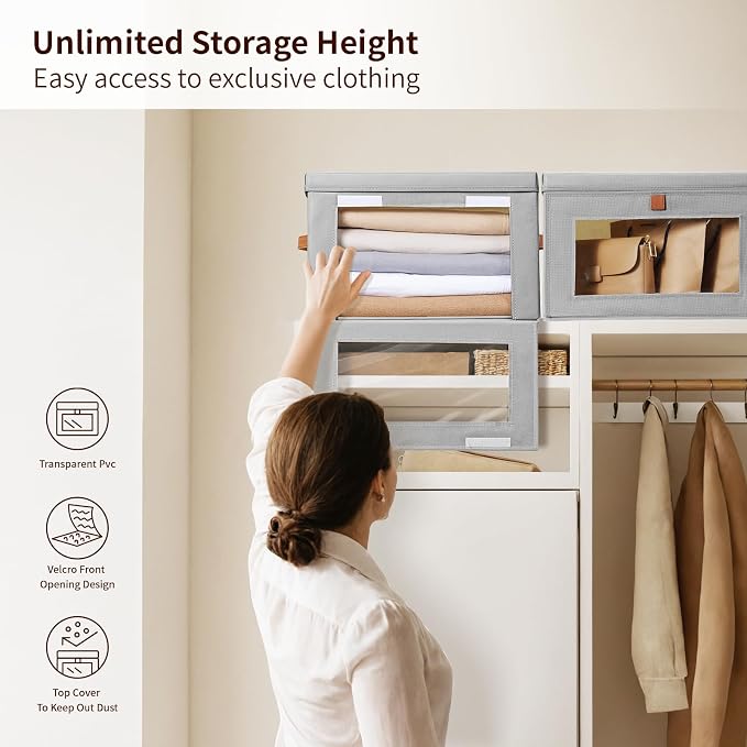 Homsorout Large Closet Storage Bins - Collapsible Storage Bins with Handles & Window, Fabric Cube Organizer with Lids, Decorative Boxes for Living Room, Closet, Dorm, 4 Pack, Grey
