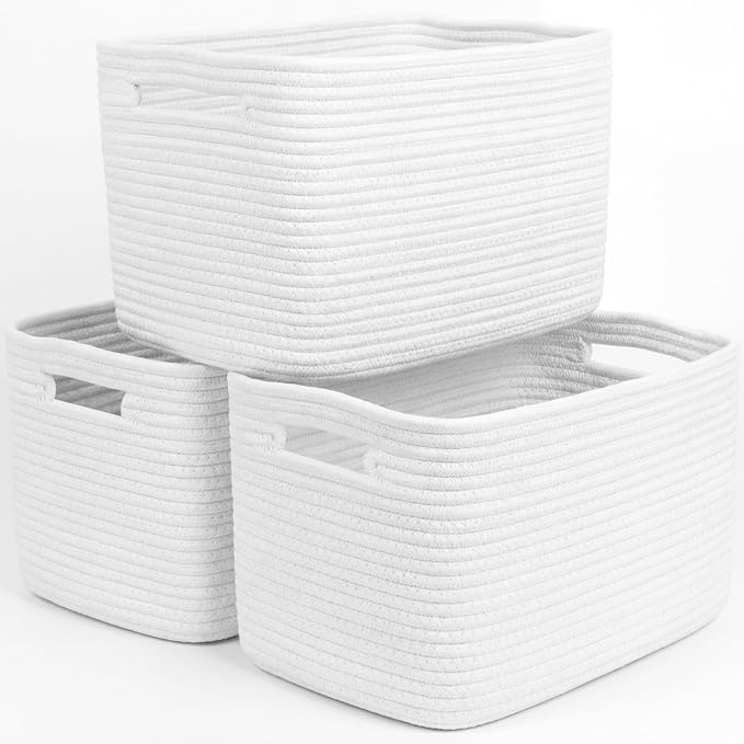 Storage Baskets for Organizing, 14 x 10 x 9” Closet Shelf Woven Baskets, Square Bins with Handles, Cotton Rope Basket for Clothes, Office, Room, White 3 Pack