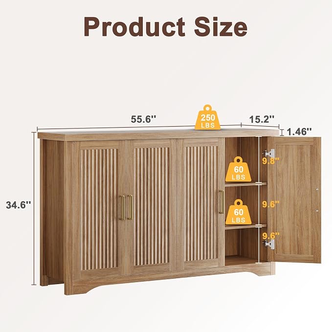 55" Fluted Sideboard Buffet Cabinet with Storage,Natural Oak | Modern Credenza with 4 Doors & Adjustable Shelves,Coffee Bar Table Console for Dining Room Kitchen Living Room Entryway