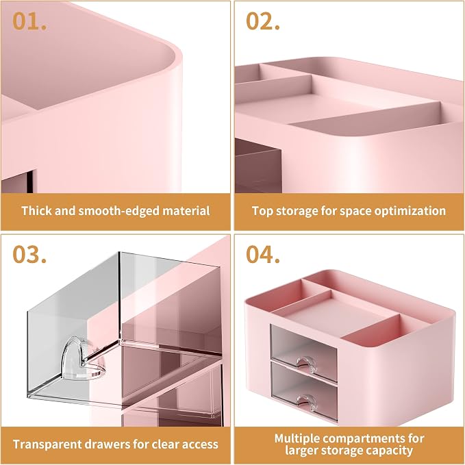 Marbrasse Pen Organizer with 2 Drawer, Multi-Functional Pencil Holder for Desk, Desk Organizers and Accessories with 5 Compartments + Drawer for Office Art Supplies (Pink)