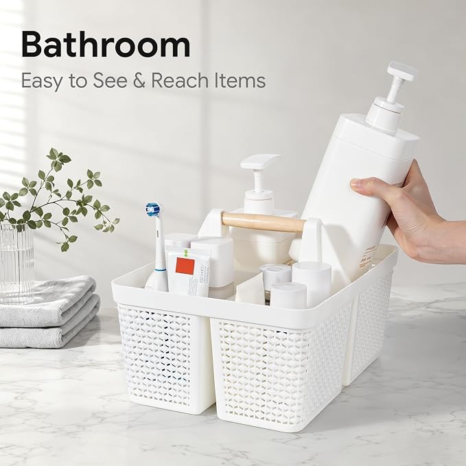 UUJOLY Portable Plastic Shower Caddy Basket with Wooden Handle, White | Divided Storage Organizer Tote for Bathroom, Dorm, College, Kitchen & RV – Lightweight, Easy-Carry Essentials Caddy