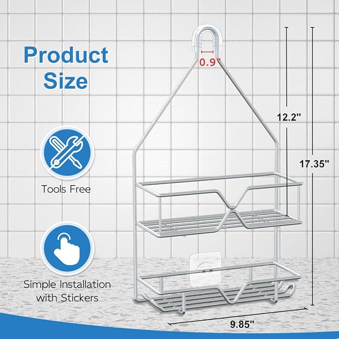 TreeLen Rustproof Shower Caddy, Hanging, Stainless Steel, 4 Hooks, 2 Shelves, Non-Slip