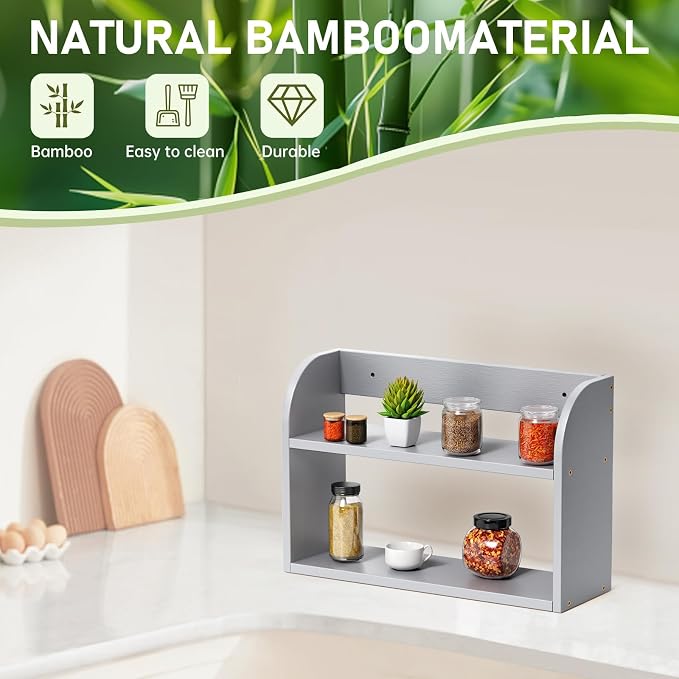 ROMGUAR CRAFT 2 Tier Bamboo Spice Rack, Countertop or Wall Mounting Wood Spice Jars Organizer Shelf for Kitche, Pantry (Grey)